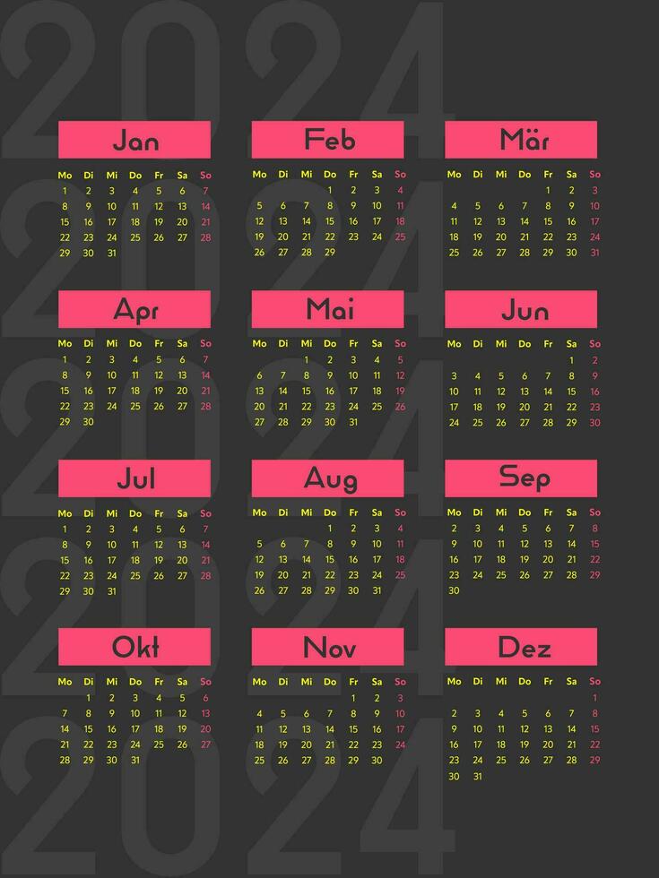 2024 kalender vector ontwerp sjabloon. kalender in Duitse. de week begint Aan maandag.