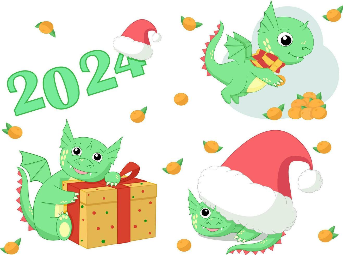 schattig draak stickers, 2024, vakantie, jaar van de draak, de kerstman claus hoed, mandarijnen, geschenk, stickers, stickers, tekens vector illustratie