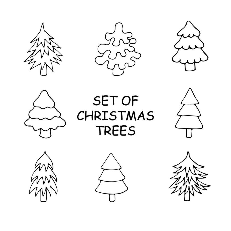 vector reeks van Kerstmis bomen in tekenfilm stijl. tekening Aan een wit achtergrond.
