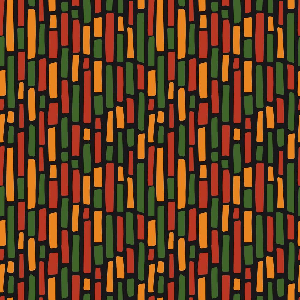 abstract kwanzaa, zwart geschiedenis maand, juneteenth naadloos patroon met hand- getrokken verticaal lijnen in traditioneel Afrikaanse kleuren - zwart, rood, geel, groente. vector tribal etnisch achtergrond ontwerp.