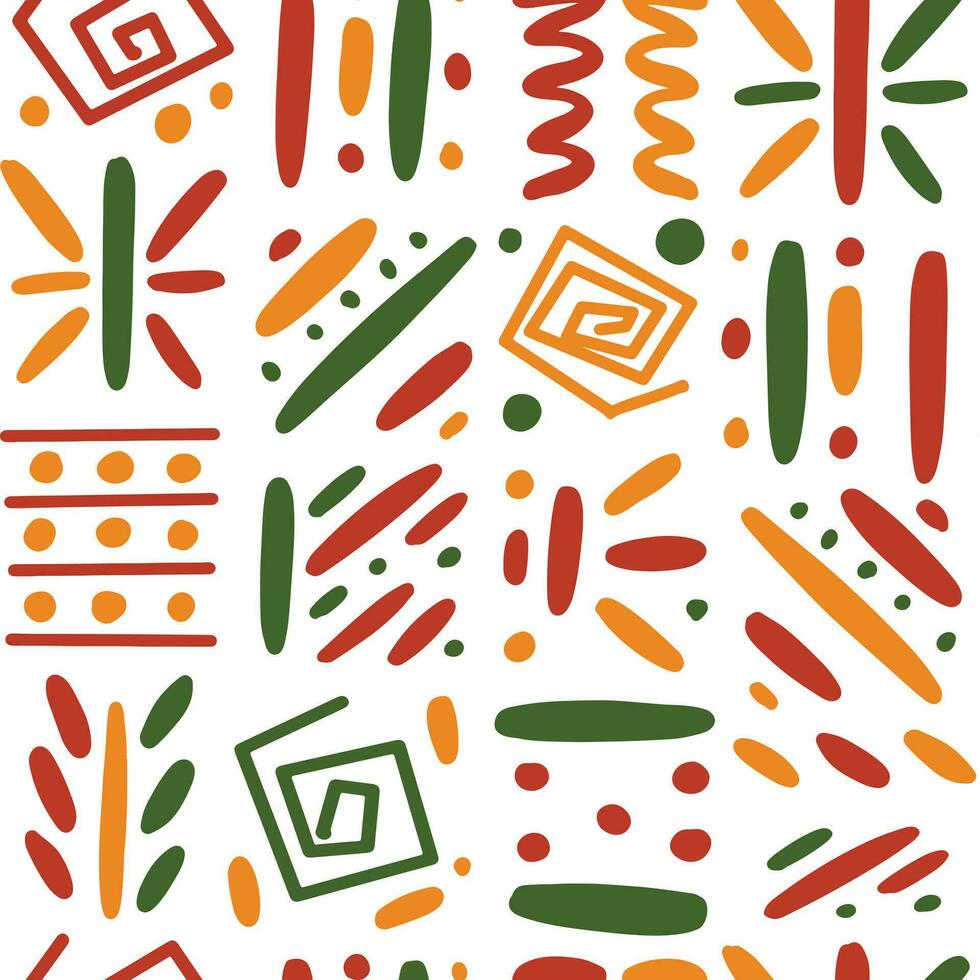 Afrikaanse etnisch tribal naadloos patroon achtergrond. vector rood, geel, groen abstract symbolen, plein herhaling lijnen backdrop voor zwart geschiedenis maand, juni, kwanzaa afdrukken, banier, behang