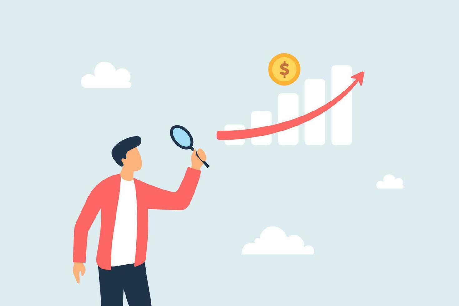 visie een diagram van de investering, rijkdom, inkomen en financiën van een bedrijf met een vergroten glas. vector illustratie