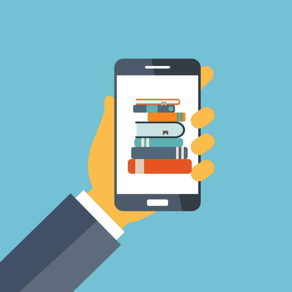 ver weg e-leren. digitaal boek concept. Aan lijn onderwijs concept in vlak stijl. hand- Holding mobiel telefoon met leerzaam app Aan de scherm. vlak vector illustratie