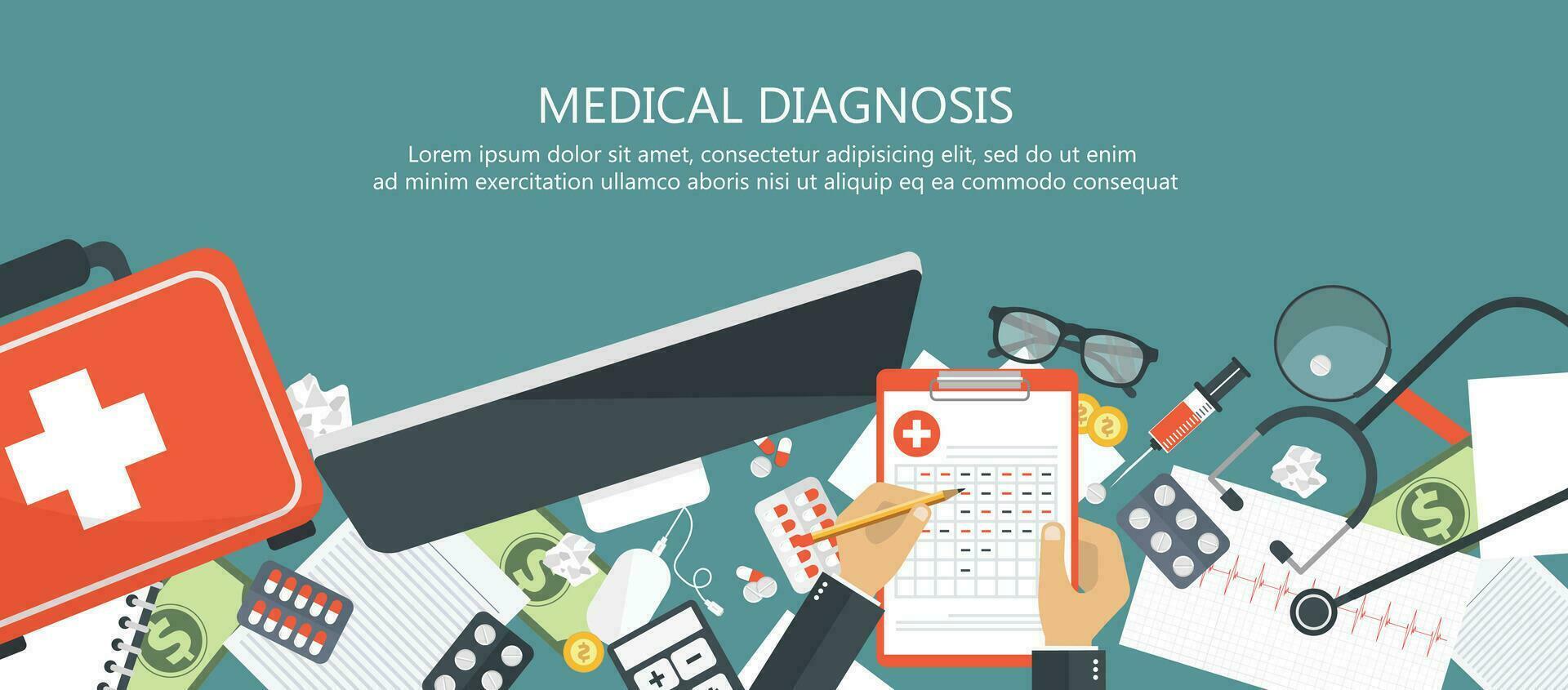 medisch diagnose concept. geneeskunde en gezondheidszorg. houten bureau met medisch apparatuur. vlak vector illustratie