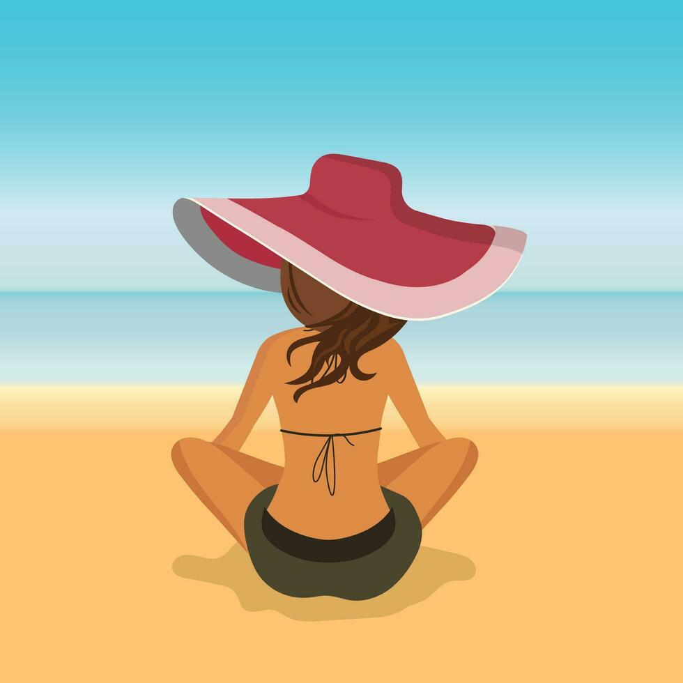 vrouw zittend Aan strand. concept voor vakantie, vakantie en reizen. zomer tijd. vlak vector illustratie