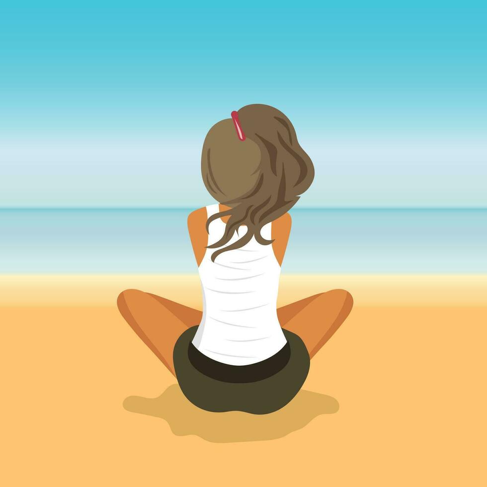 vrouw zittend Aan strand. concept voor vakantie, vakantie en reizen. zomer tijd. vlak vector illustratie