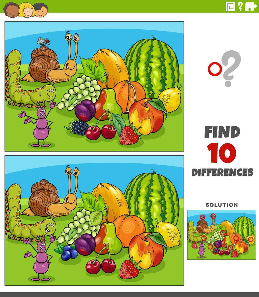 verschillen werkzaamheid met tekenfilm insecten tekens en fruit vector