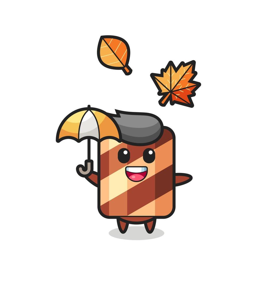 cartoon van de schattige wafelrol met een paraplu in de herfst vector