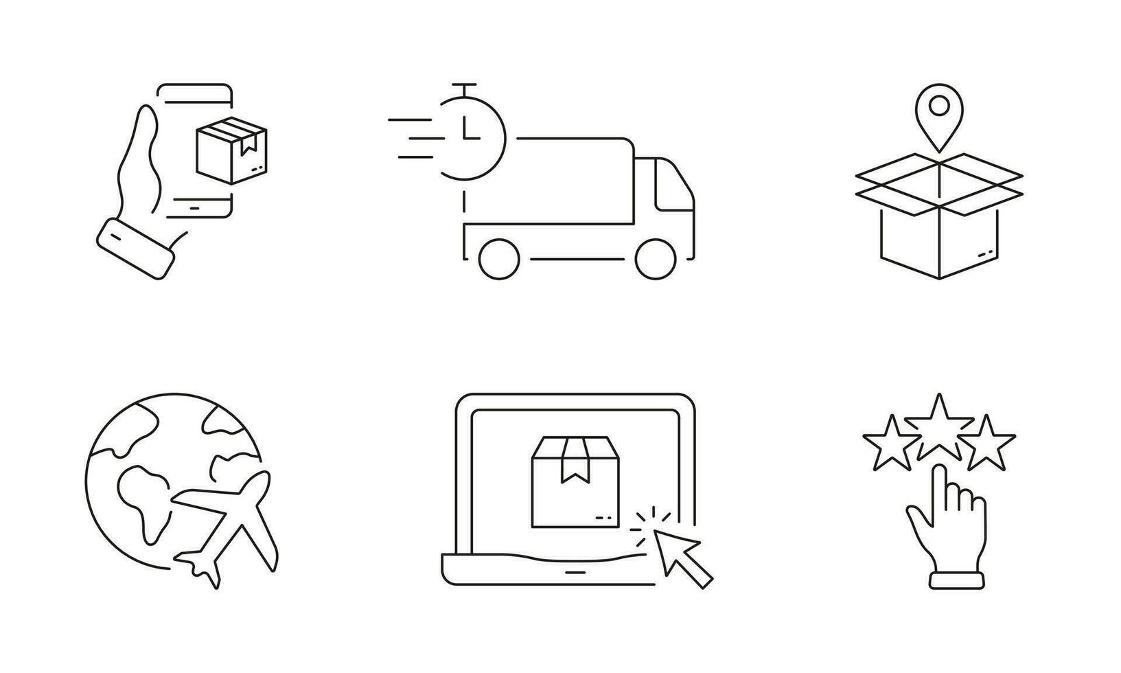 Verzending logistiek lijn icoon set. online levering onderhoud lineair pictogram. Verzending vrachtwagen, bestellen aankoop schets symbool. globaal lucht vervoer teken. bewerkbare hartinfarct. geïsoleerd vector illustratie.