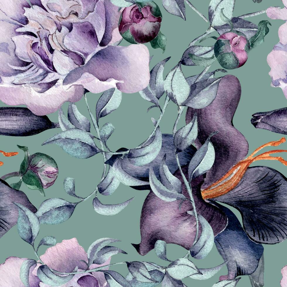 waterverf patroon van Purper pioen, lelie bloem geïsoleerd Aan grijs. gotisch bloemen naadloos patroon hand- getrokken. gotisch bruiloft achtergrond in wijnoogst stijl. ontwerp voor textiel, achtergrond, pakket, papier vector