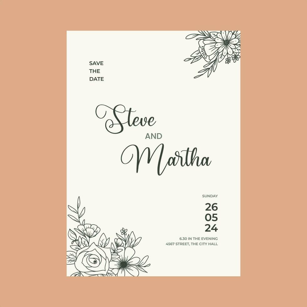 bloemen bruiloft uitnodiging kaart met hand- getrokken schets botanisch kader vector