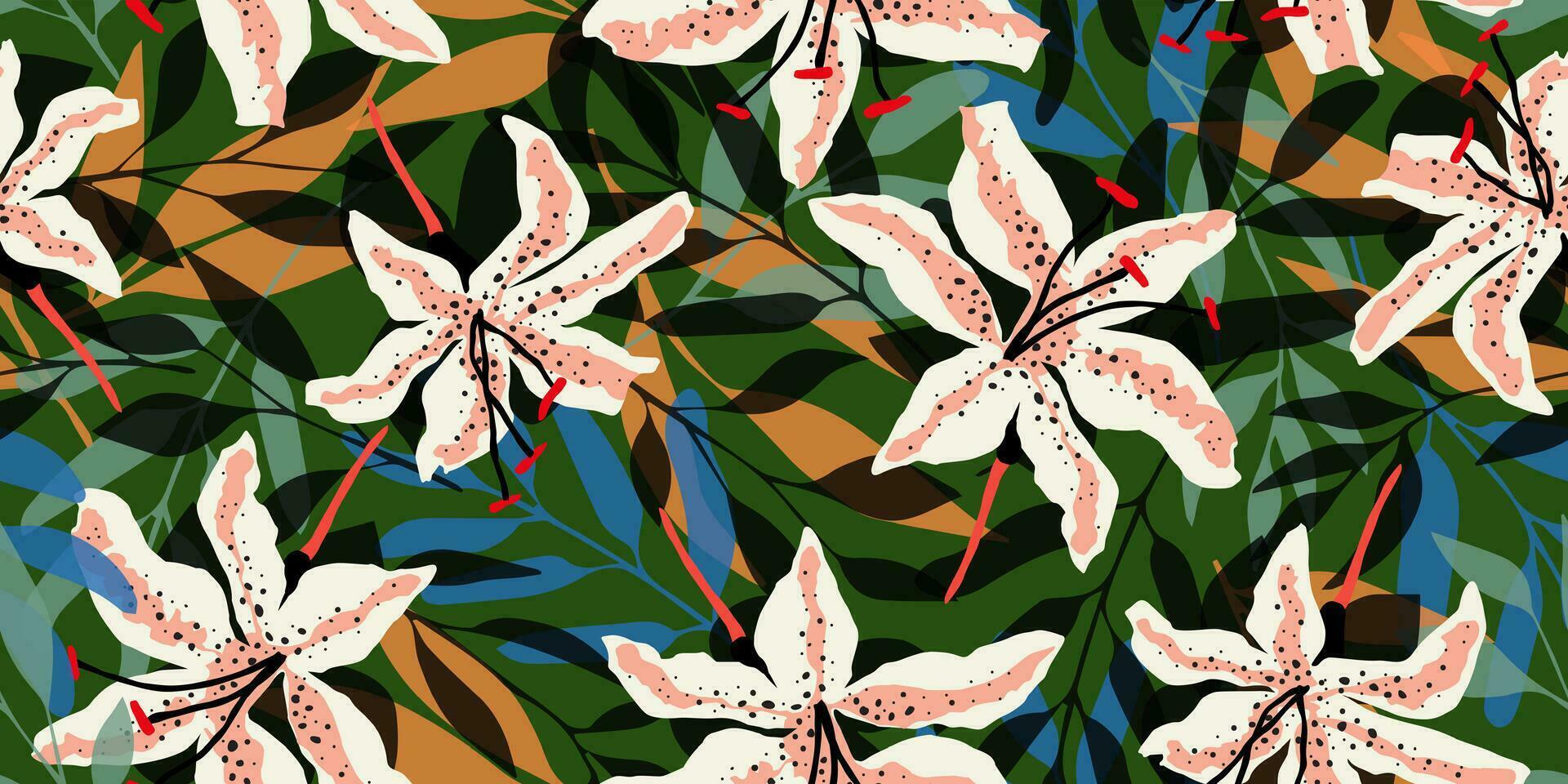 modieus exotisch hand- getrokken bloemen naadloos patroon. bloemen achtergrond voor textiel, behang, banier, dekt, oppervlak, het drukken en huis decor. bloem vector illustratie.