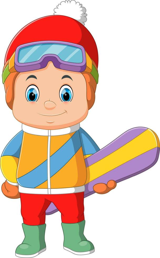 een jong jongen karakter Holding een snowboard vector