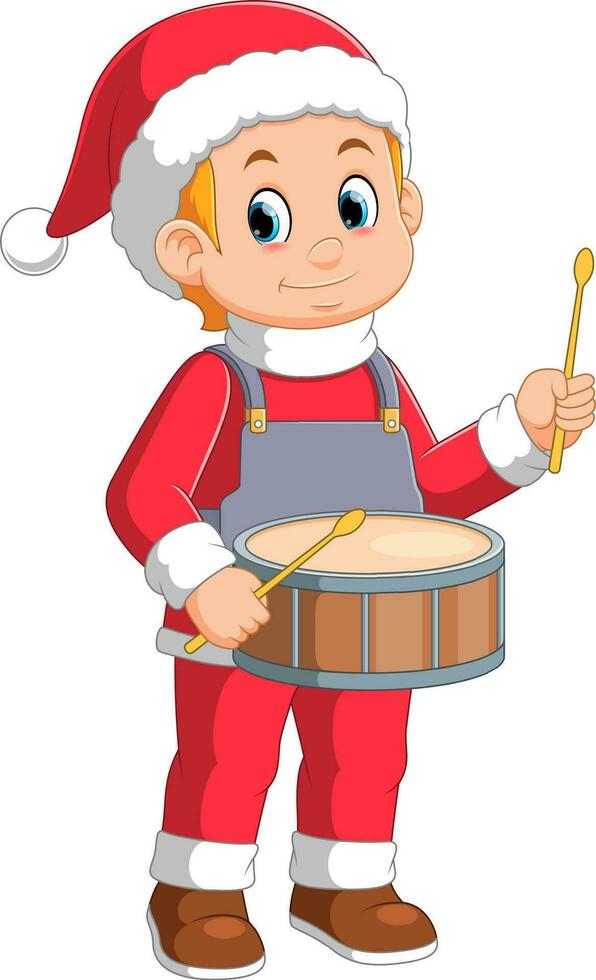 tekenfilm weinig jongen in rood de kerstman kleren spelen drums vector