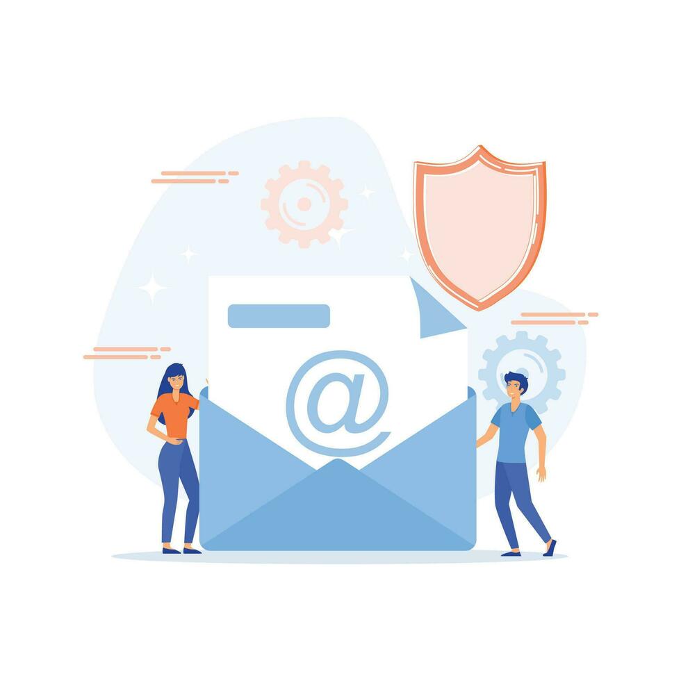 e-mail encryptie. twee mensen staan in de buurt groot envelop, brief met schild, vlak vector modern illustratie