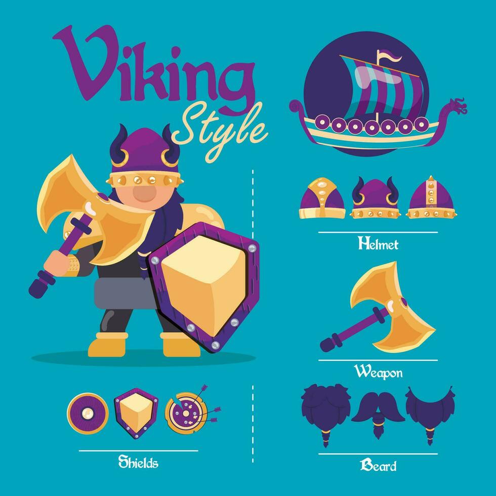 schattig viking mannetje karakter Bedrijfsmiddel met wapens en helmen vector illustratie