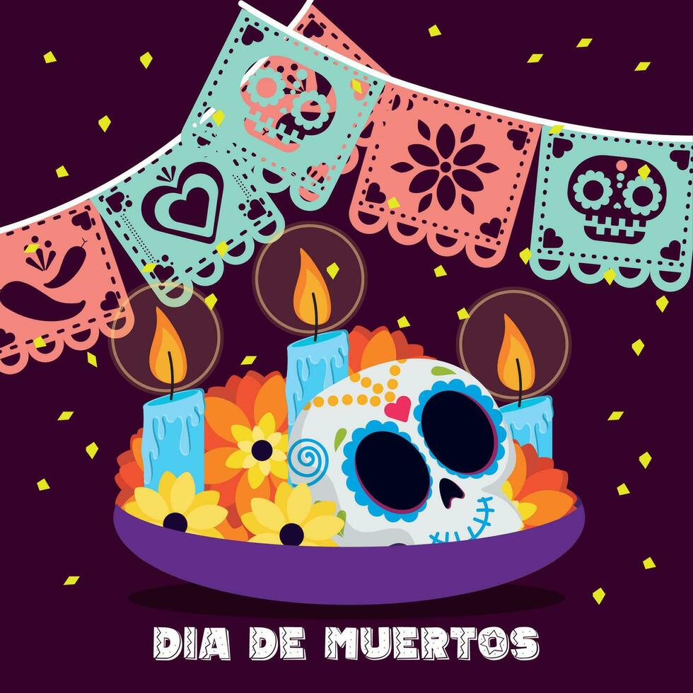 schedel met bloemen dia de los Muertos achtergrond vector illustratie