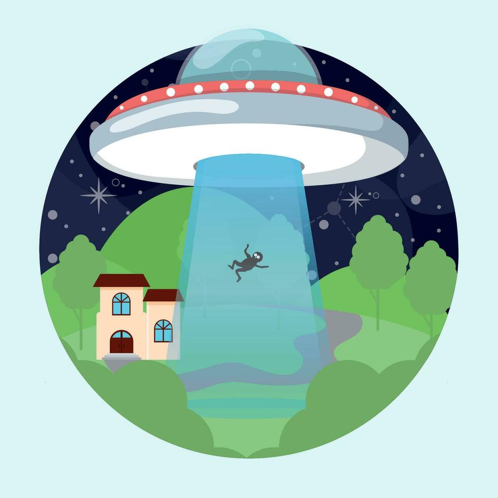 gekleurde sticker ufo ontvoering een persoon vector illustratie