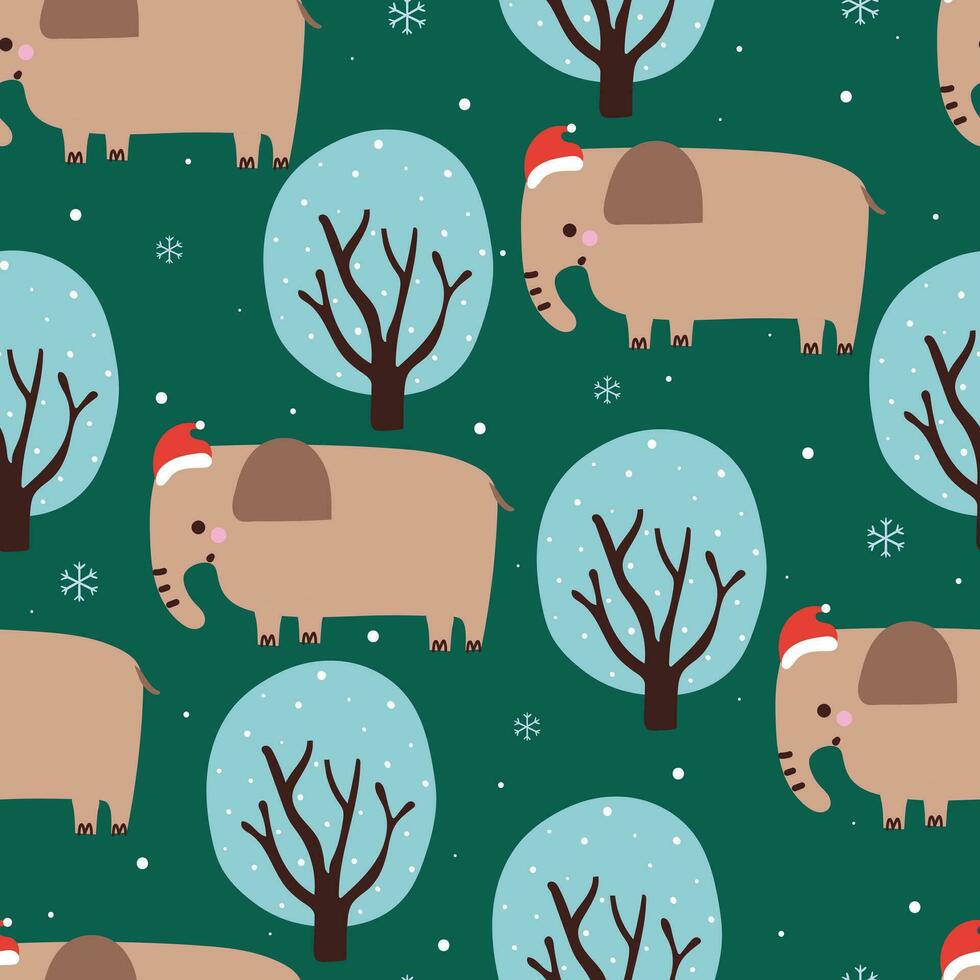 naadloos patroon tekenfilm olifant en boom in winter dag. schattig Kerstmis behang voor geschenk inpakken papier vector