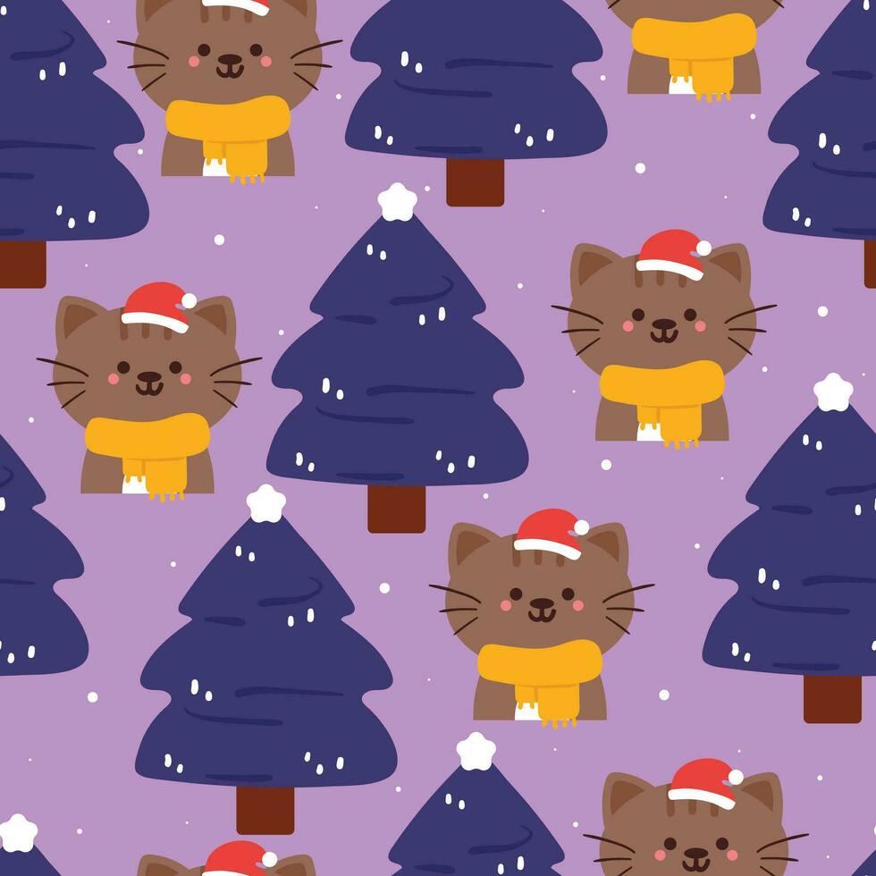 schattig naadloos patroon tekenfilm kat met boom in winter. schattig dier behang voor geschenk inpakken papier vector