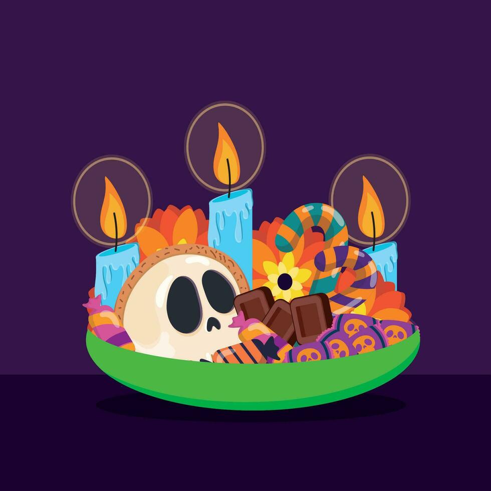 bord met halloween snoep schedel een kaarsen vector illustratie