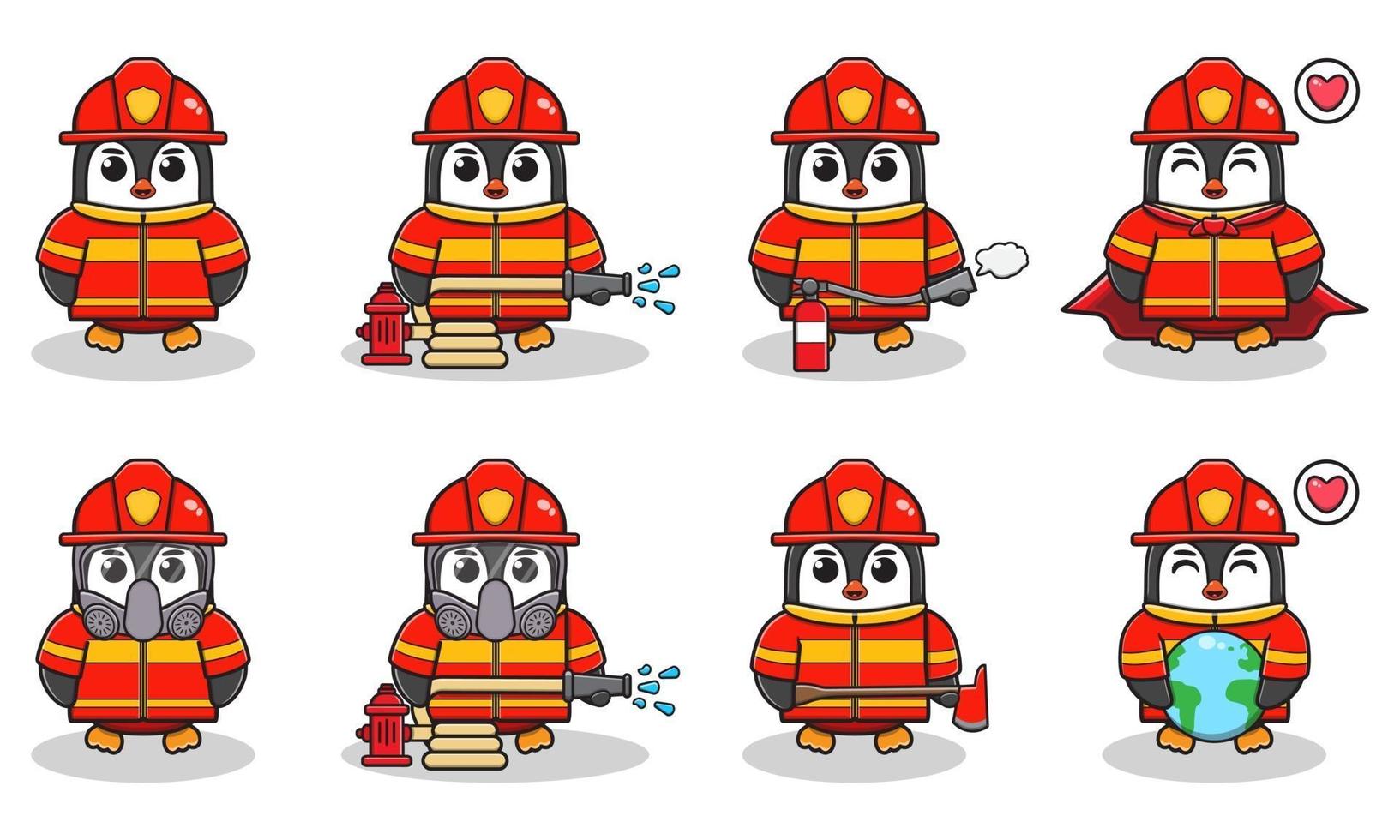 pinguïn brandweerman tekenfilm set vector