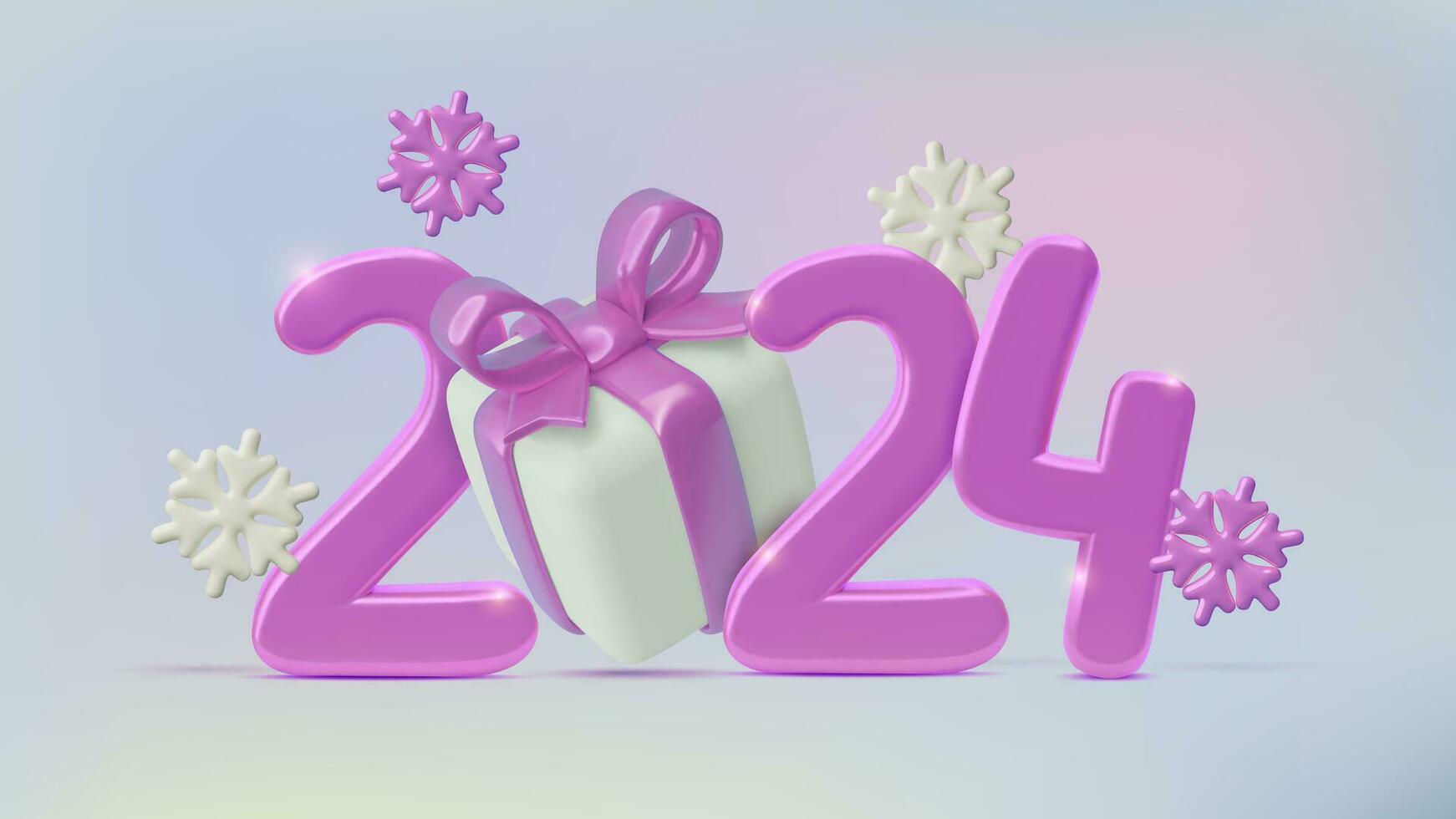 2024 nieuw jaar 3d realistisch Purper metalen getallen met een geschenk doos en sneeuwvlokken Aan helling achtergrond. modern drie dimensionaal vakantie banier, vector illustratie.