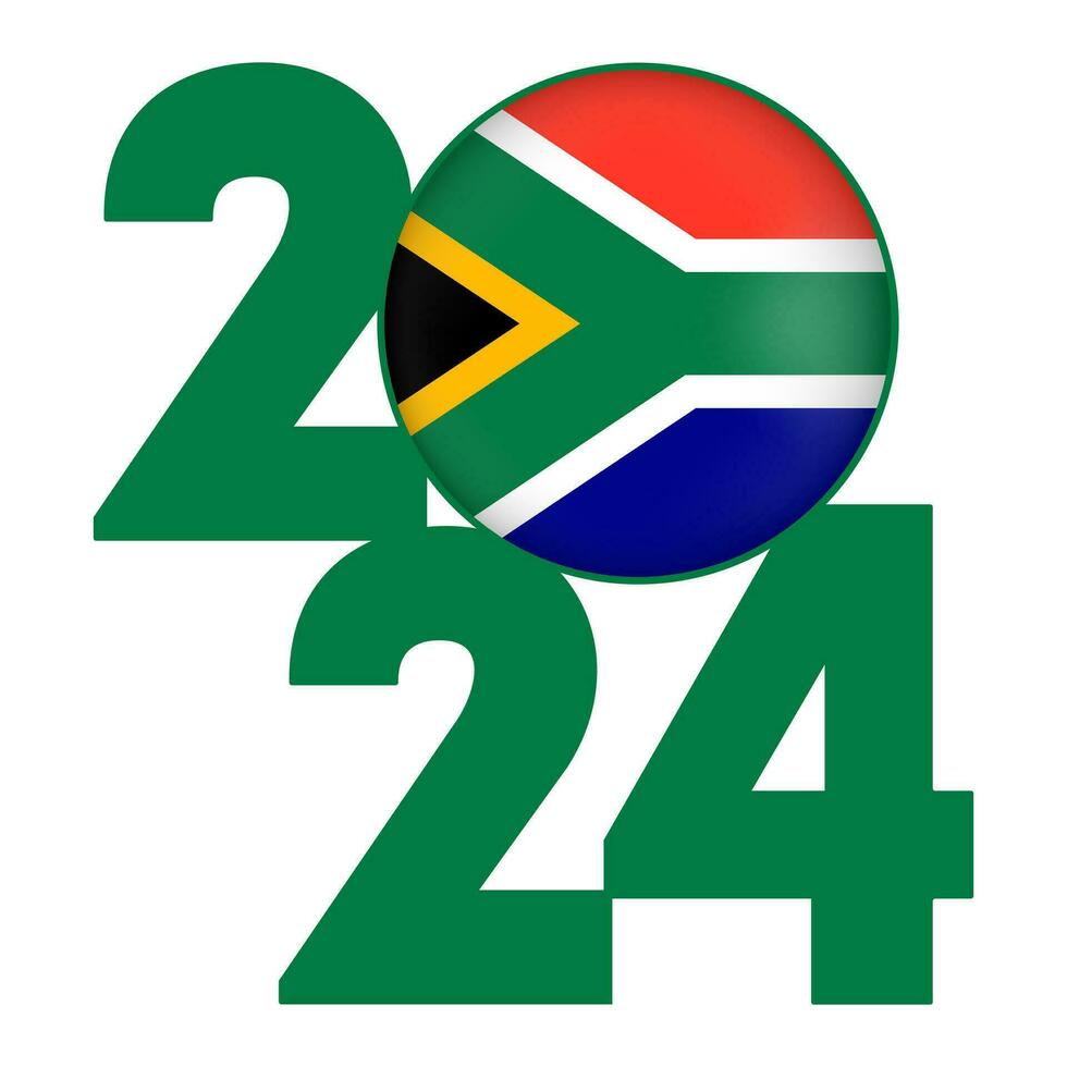 gelukkig nieuw jaar 2024 banier met zuiden Afrika vlag binnen. vector illustratie.