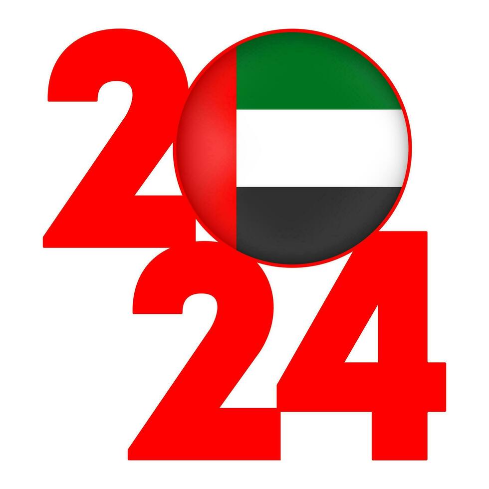 gelukkig nieuw jaar 2024 banier met Verenigde Arabisch emiraten vlag binnen. vector illustratie.