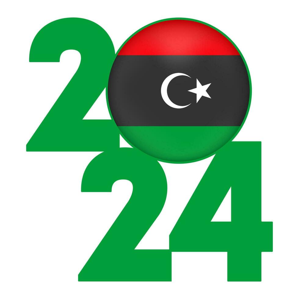 gelukkig nieuw jaar 2024 banier met Libië vlag binnen. vector illustratie.