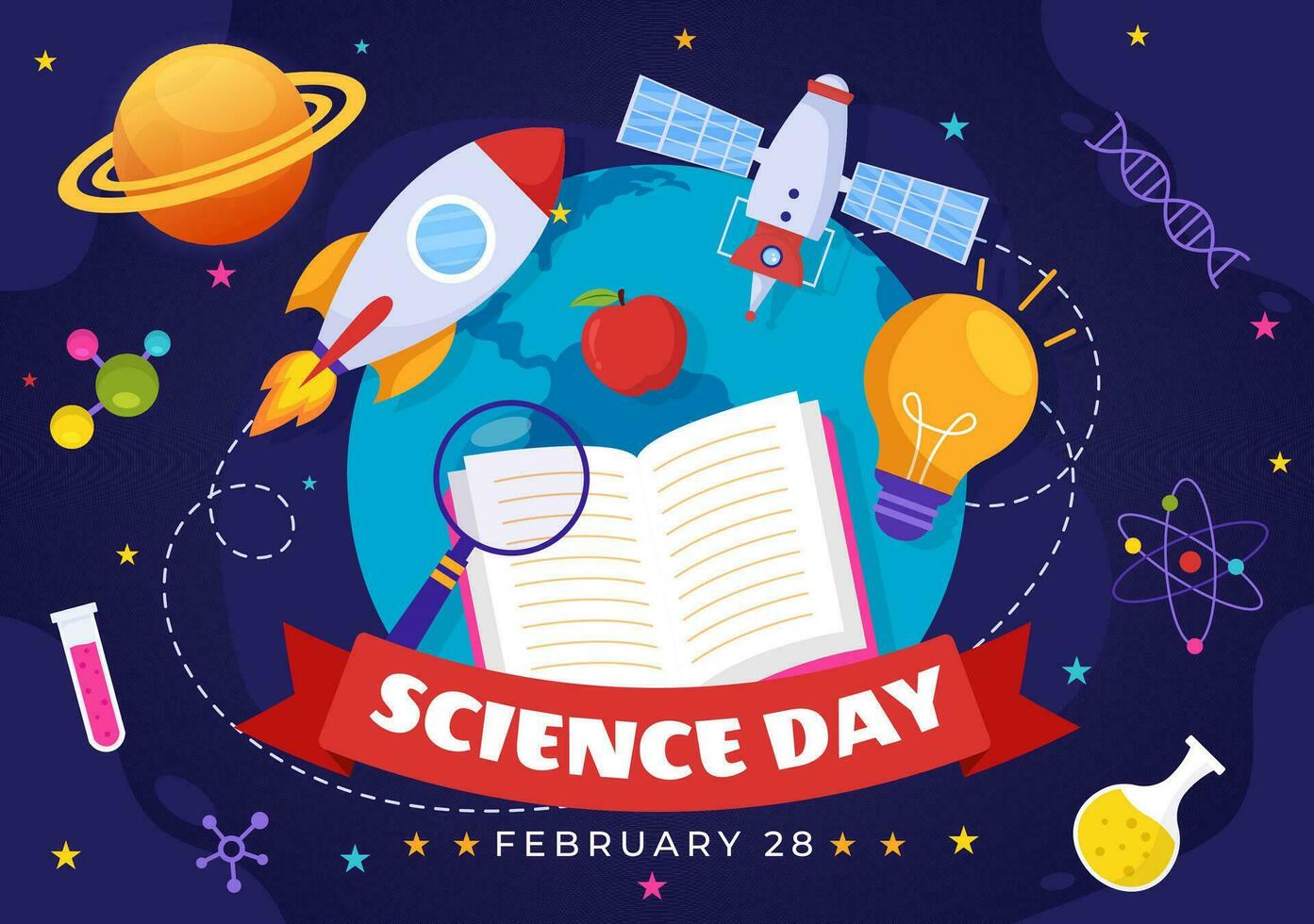 nationaal wetenschap dag vector illustratie Aan februari 28 verwant naar chemisch vloeistof, wetenschappelijk, medisch en Onderzoek in vlak tekenfilm achtergrond