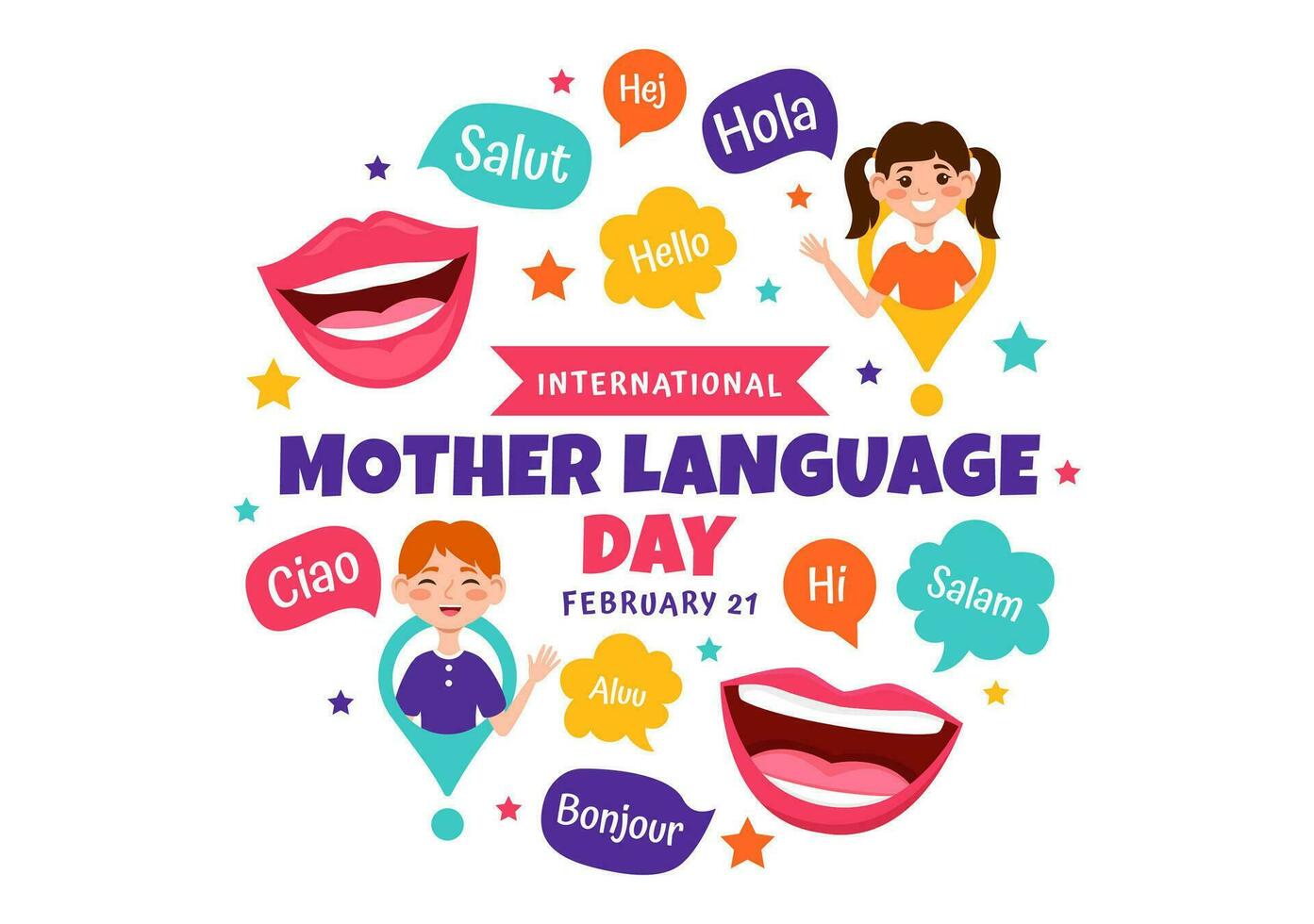 Internationale moeder taal dag vector illustratie Aan februari 21 met mam zegt Hallo in meerdere wereld talen in vlak kinderen tekenfilm achtergrond