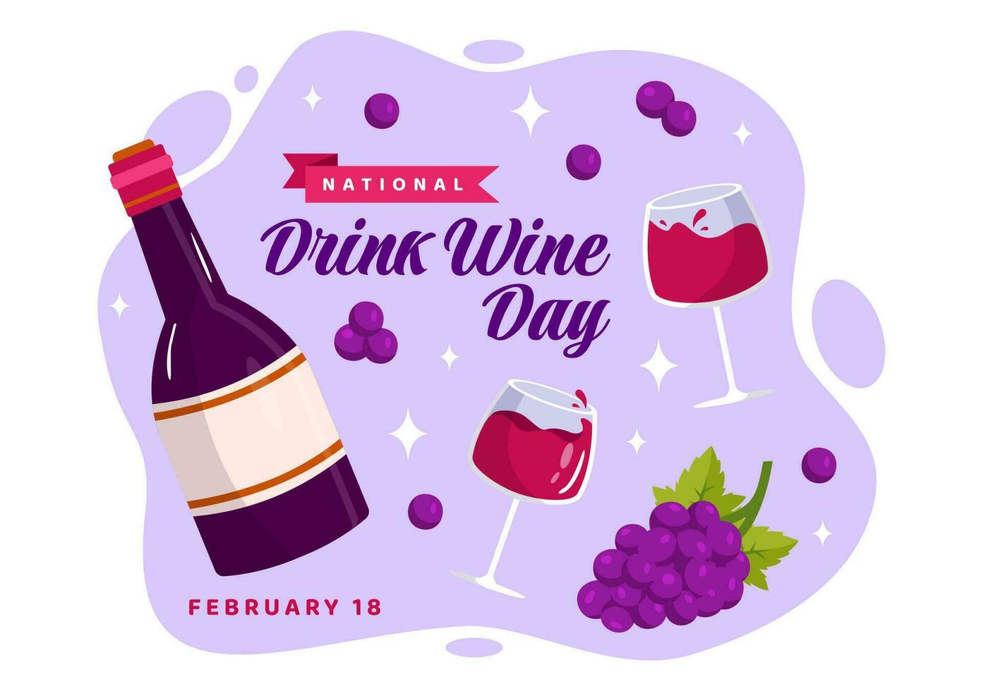 nationaal drinken wijn dag vector illustratie Aan februari 18 met glas van druiven en fles in vlak tekenfilm Purper achtergrond ontwerp
