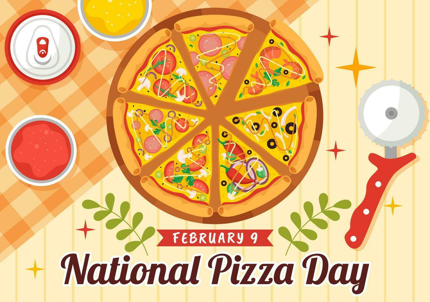 nationaal pizza dag vector illustratie Aan februari 9 met divers toppings Aan elk plak voor poster of banier in vlak tekenfilm achtergrond ontwerp