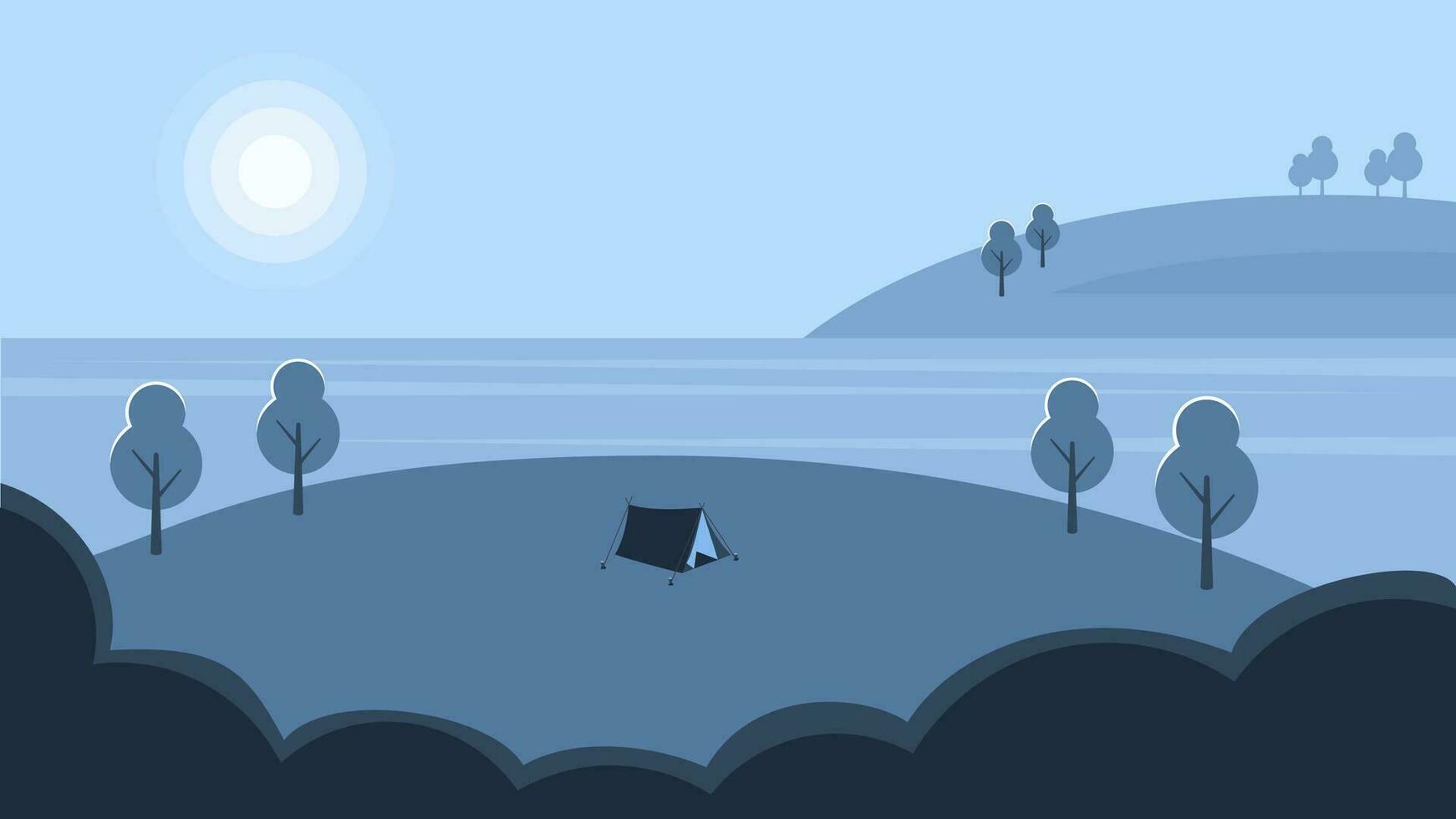 camping in de Woud in de buurt meer Bij nacht vector