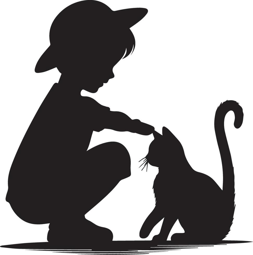 kind Speel met kat vector silhouet illustratie zwart kleur