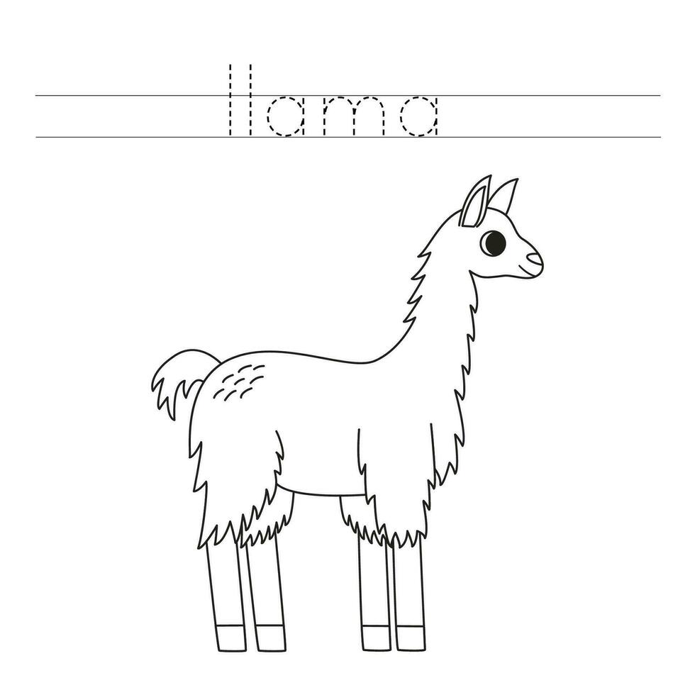 spoor de brieven en kleur tekenfilm lama. handschrift praktijk voor kinderen. vector