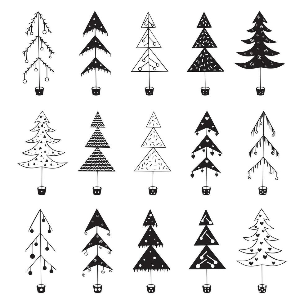 reeks van versierd Kerstmis bomen in de stijl van tekening en minimalisme. Kerstmis bomen met decoraties vector