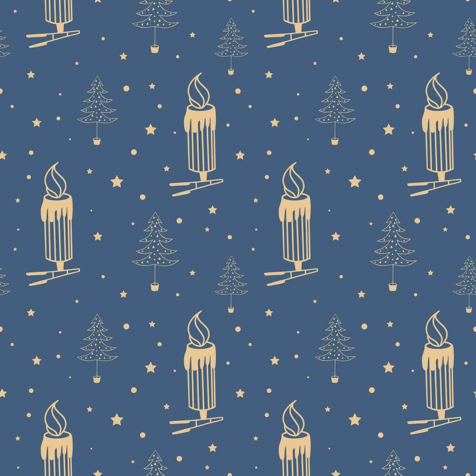 naadloos patroon voor Kerstmis of nieuw jaar met een Kerstmis boom en een kaars. glas kaars speelgoed- Aan een wasknijper. patroon met blauw achtergrond en goud elementen vector