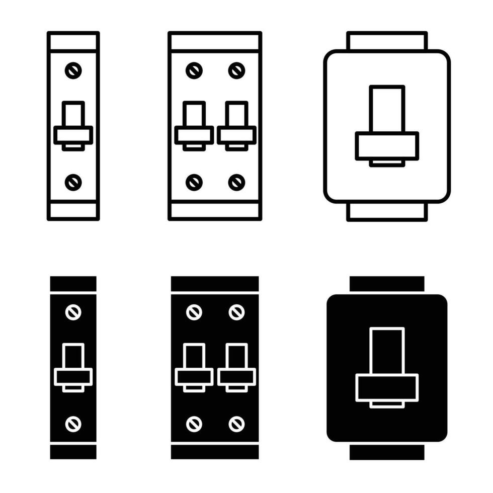 stroomkring breker mcb paneel doos vector icoon reeks in zwart gevulde en geschetst stijl. elektrisch mcb schakelapparatuur vector symbool.