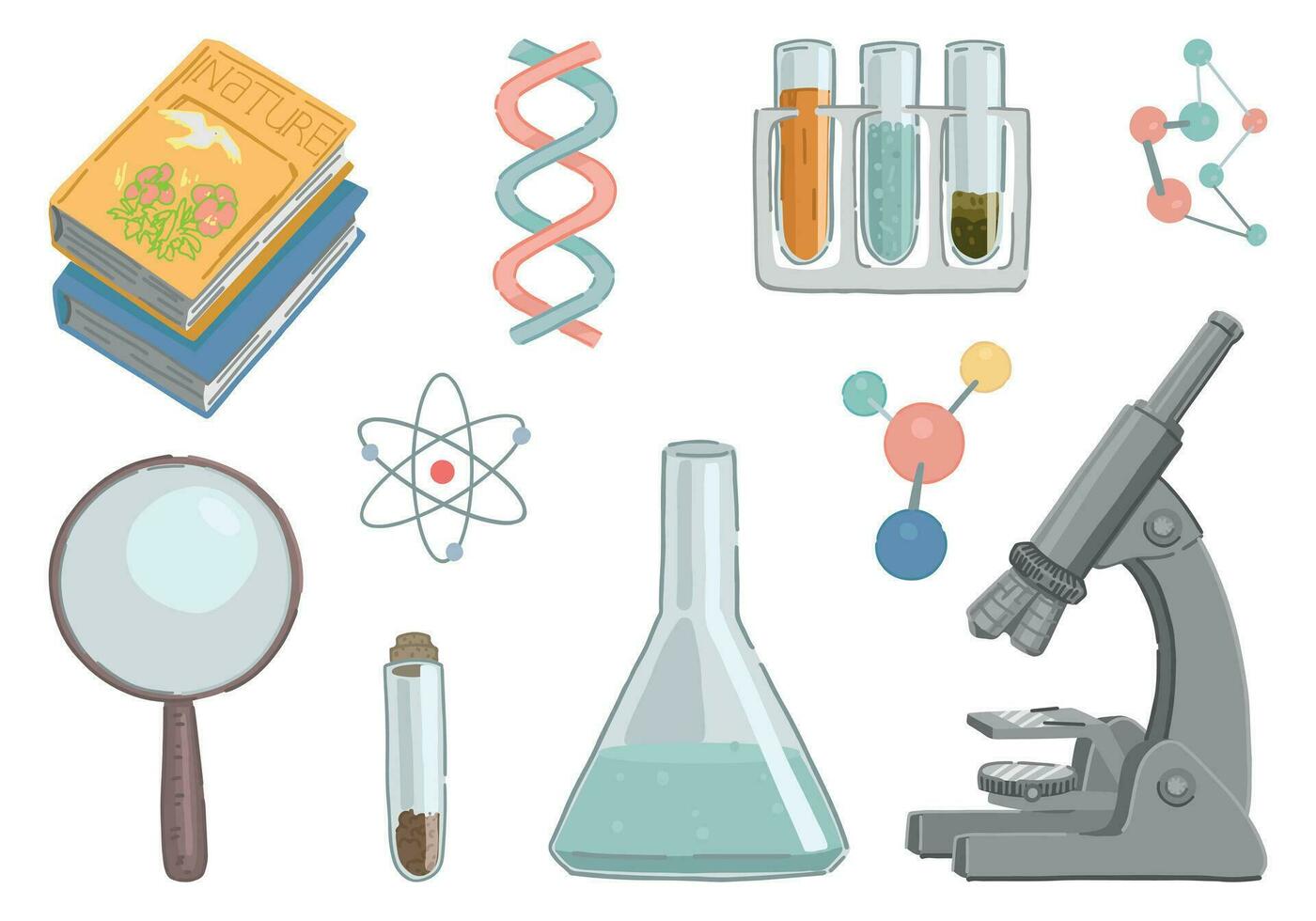 biologie chemie les school- attributen verzameling. reeks van microscoop, laboratorium bekers, leerboek, vergroten glas, formules. tekenfilm vector illustraties klem kunsten geïsoleerd Aan wit.