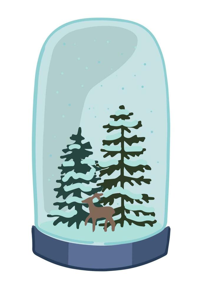 kristal bal tekening. clip art van sneeuw bal met besneeuwd Kerstmis boom en hert. tekenfilm vector illustratie geïsoleerd Aan wit.