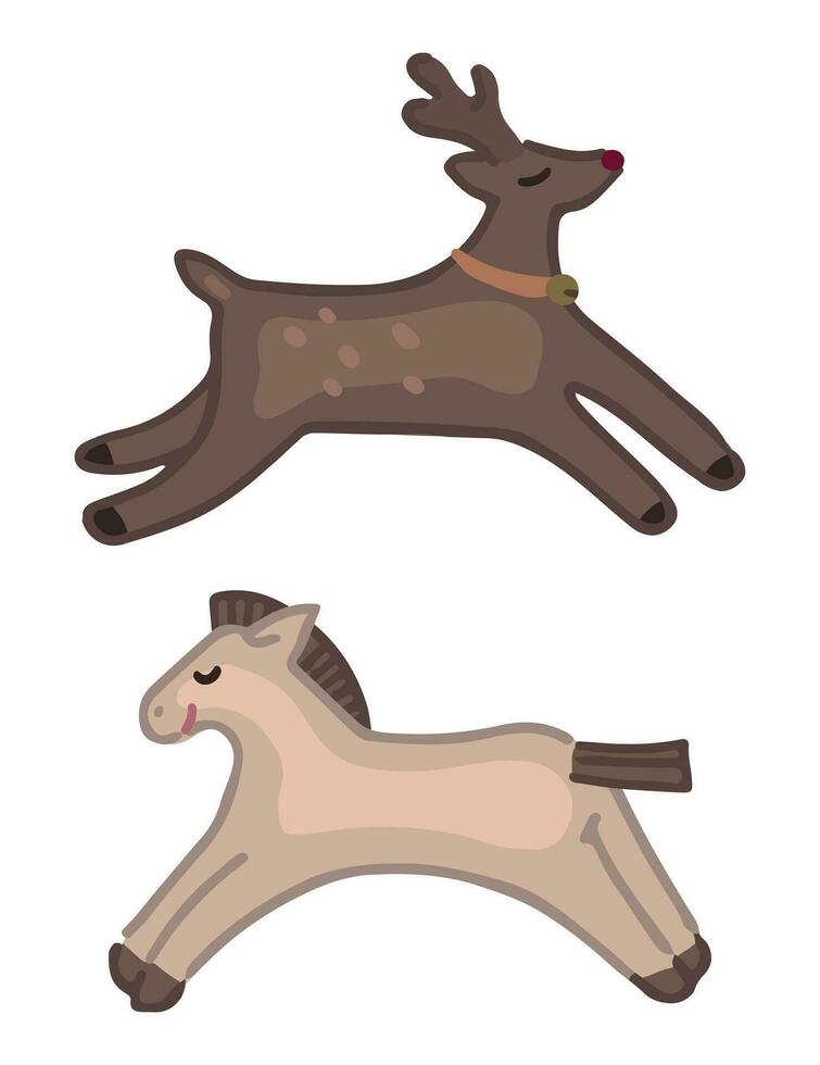 tekening van kinderen speelgoed dieren. tekenfilm clip art van paard en hert beeldjes. vector illustratie geïsoleerd Aan wit.