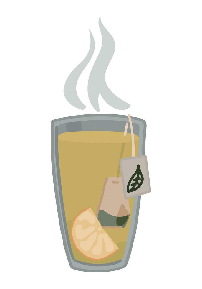 tekening van glas kop van thee met thee tas. tekenfilm clip art van verkoudheid seizoen knus drank. hedendaags vector illustratie geïsoleerd Aan wit achtergrond.