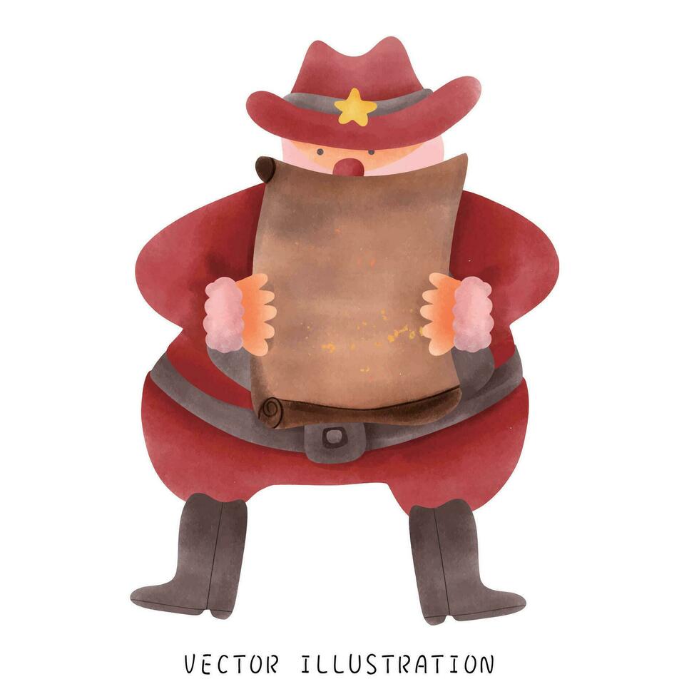 grillig cowboy de kerstman claus zoeken met een kaart voor geschenk leveringen vector