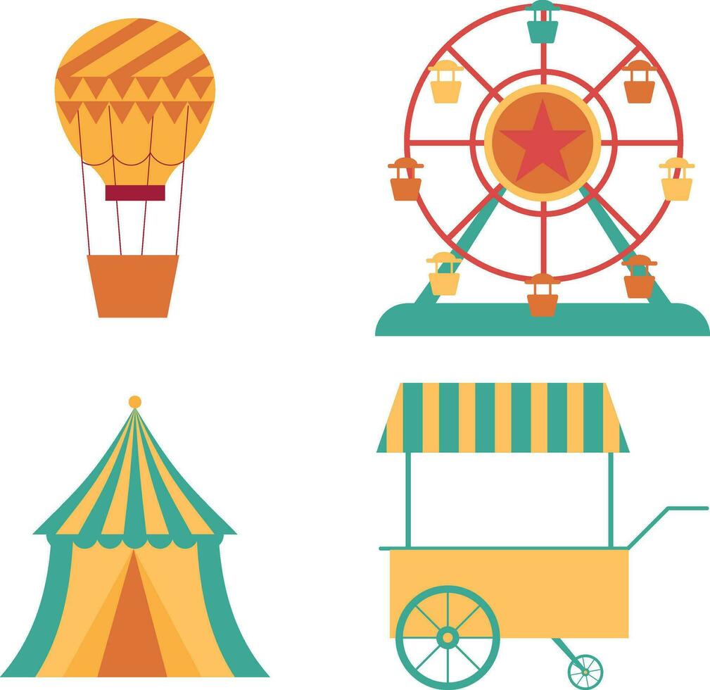 wijnoogst carnaval circus in vlak tekenfilm ontwerp. geïsoleerd vector set.