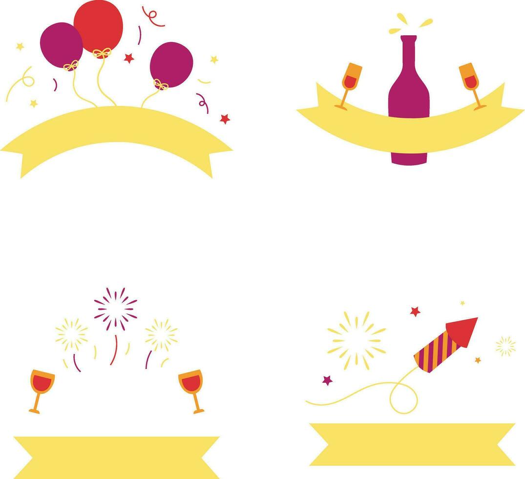 nieuw jaar insigne icoon set. met confetti, hoed, lint, enz. vector illustratie.