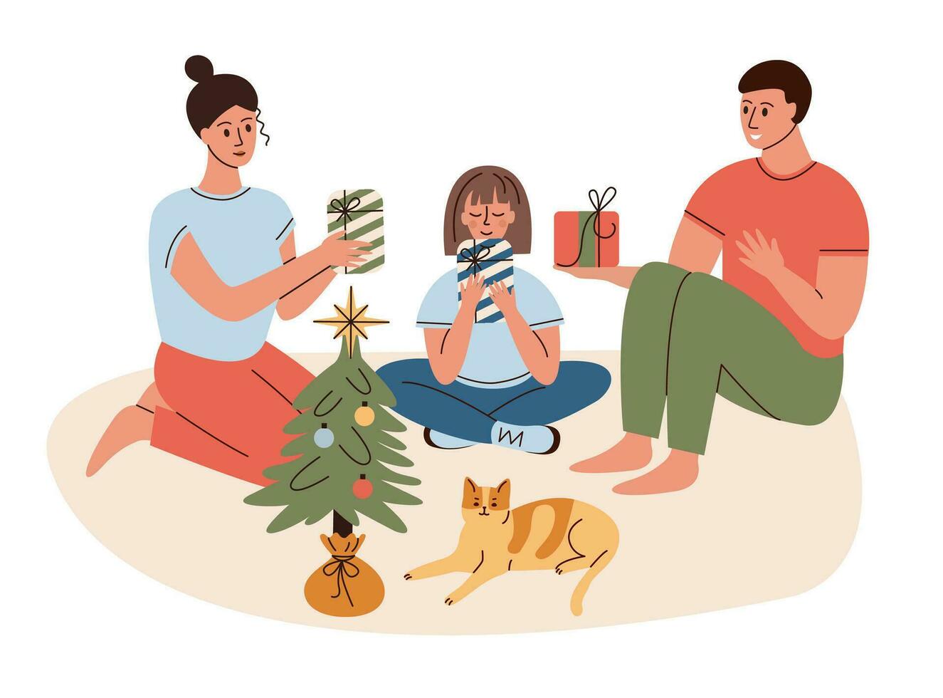 Kerstmis geschenk doos uitwisseling tafereel. gelukkig familie groet geven Cadeau elk ander. winter Kerstmis vakantie. vlak vector illustratie.