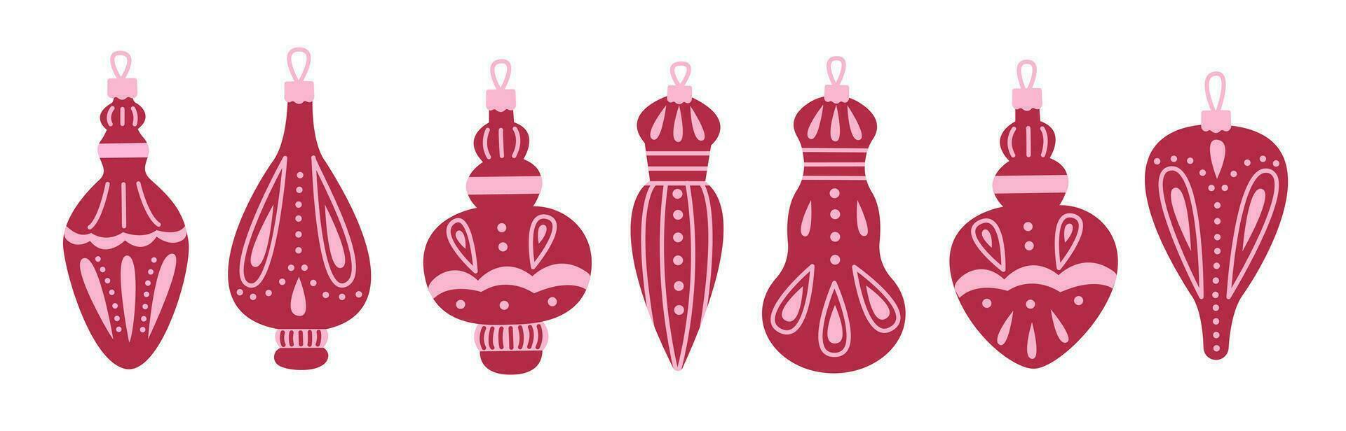 reeks van rood Kerstmis decoraties en ballen. Kerstmis vakantie concept. vlak vector illustratie Aan wit achtergrond.