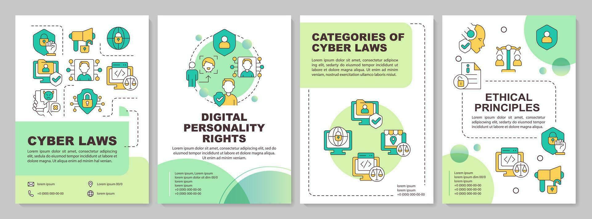 helling cyber wet brochure sjabloon, brochure ontwerp met dun lineair pictogrammen, 4 vector lay-outs.